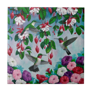 Hummingbird i Fuchsia-Blomsterträdgården Kakelplatta