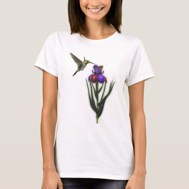 Hummingbird Iris Flower T-shirt (Framsida)