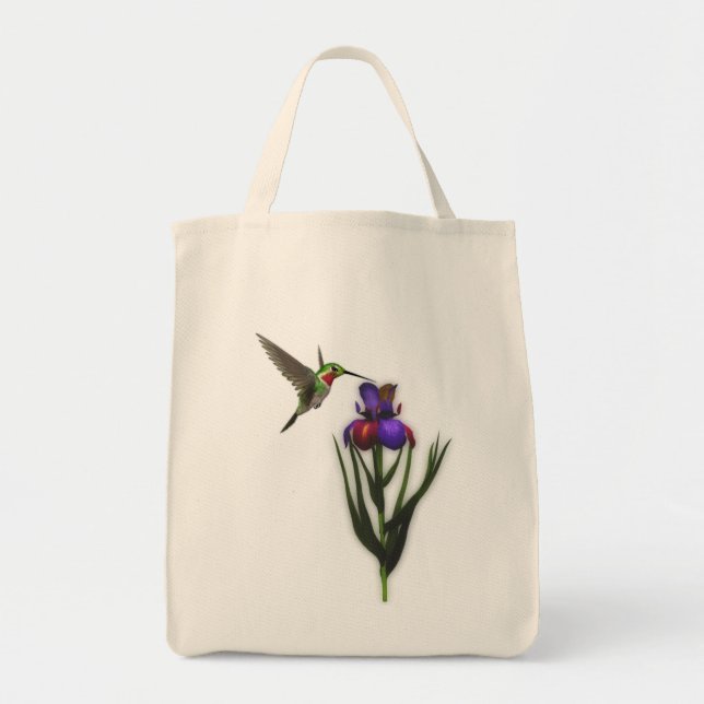 Hummingbird Iris Flower Tote Bag Tygkasse (Framsidan)