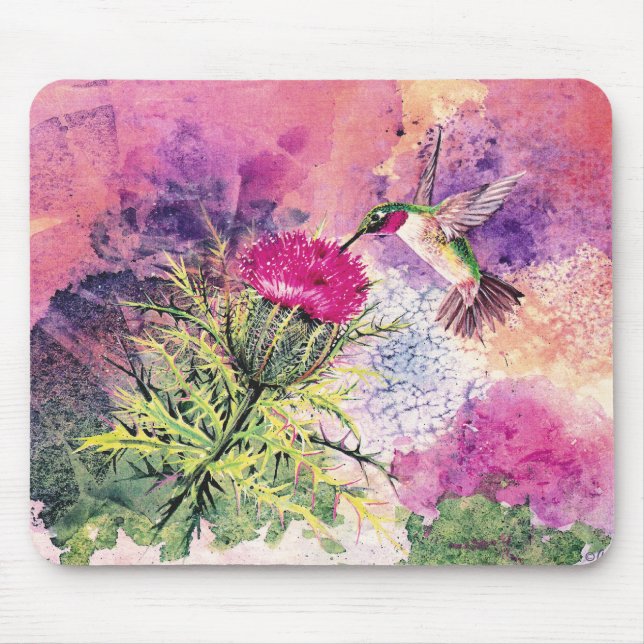 Hummingbird Lila Thistle Art Print Mousepad Musmatta (Framsidan)