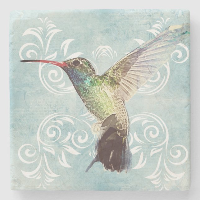 Hummingbird med blommande bakgrund stenunderlägg (Framsidan)