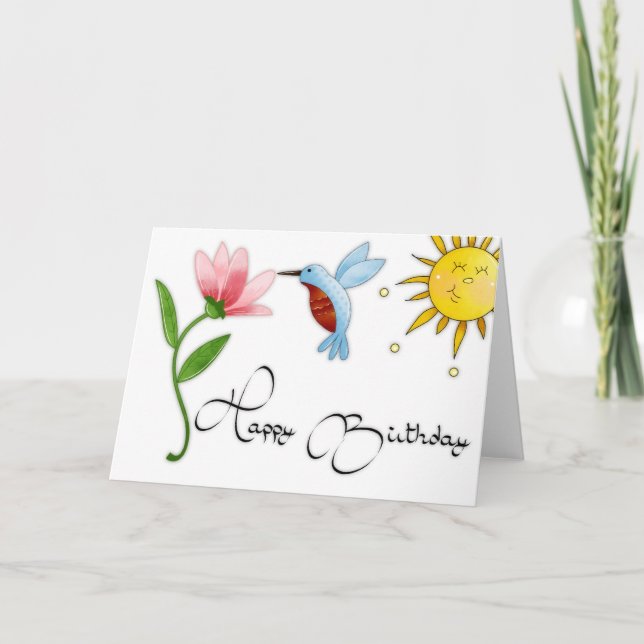 Hummingbird med blommiga Grattis på födelsedagen-k Kort (Framsida)