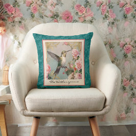 Hummingbird med blommor på Teal Damask Monogram Kudde