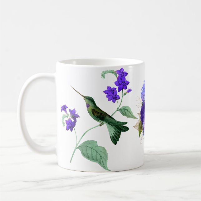 Hummingbird med Lila blommor kaffe mugg (Vänster)