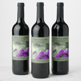 Hummingbird med lila dahlias vinflaska etikett