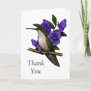 Hummingbird med purpurfärgade Pansies: Tack: Konst Tack Kort