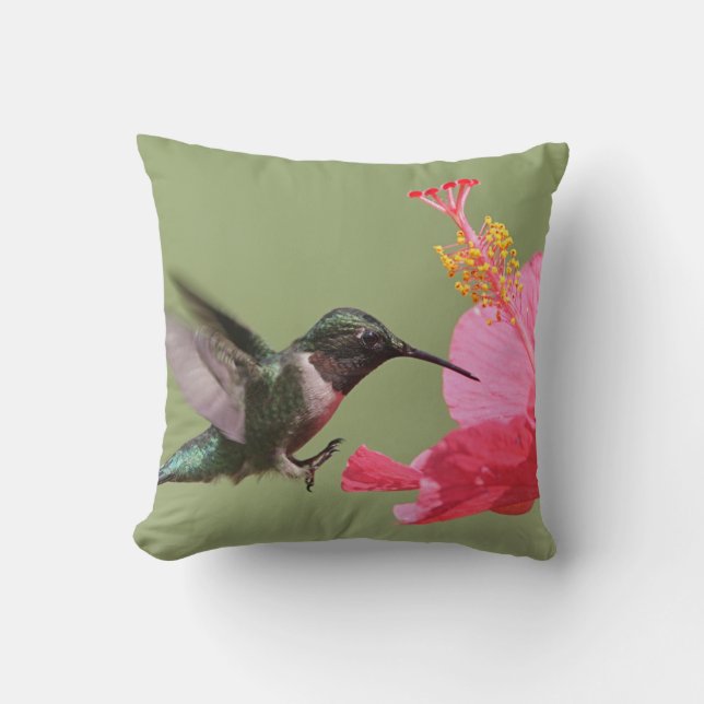Hummingbird med Rosa Hibiscus Flower Kudde (Framsida)