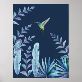 Hummingbird med tropisk löv i mörk blått poster
