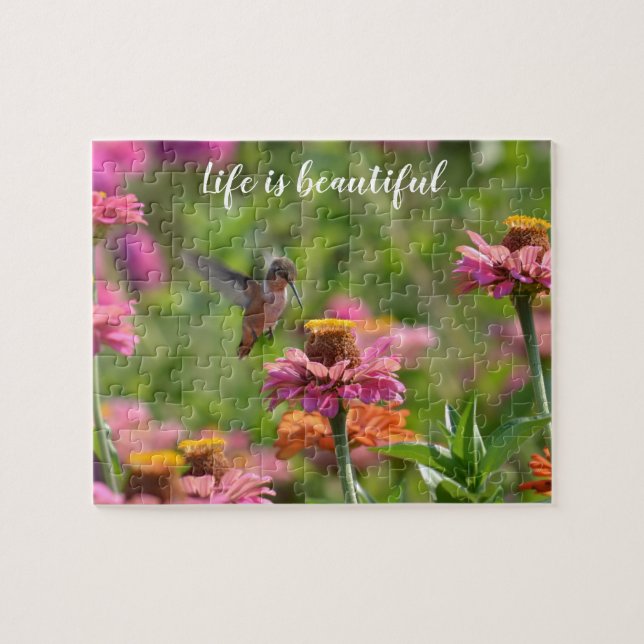 Hummingbird med Zinnia Flowers Pussel (Horisontell)