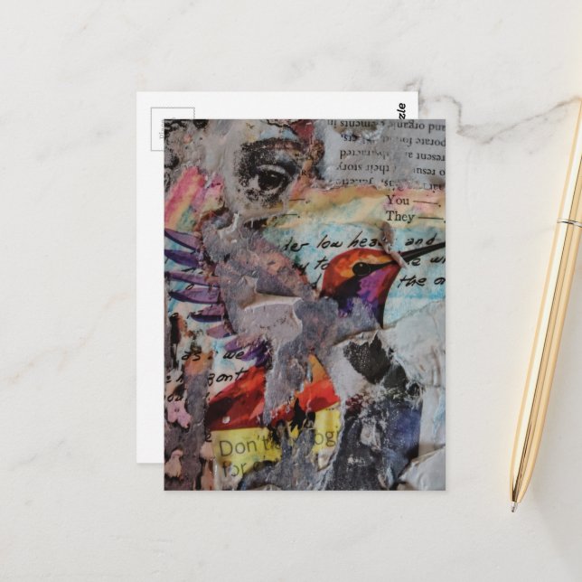 Hummingbird mixed media collage in progress vykort (Fram/Back In Situ)