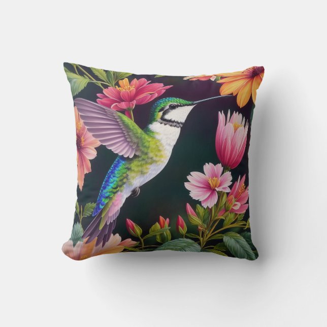 Hummingbird Multifärgad Flowers Art Kudde (Framsida)