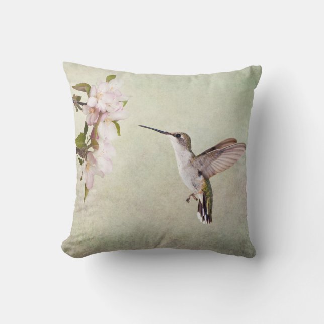 Hummingbird och Apple-Blommar Kudde (Framsida)