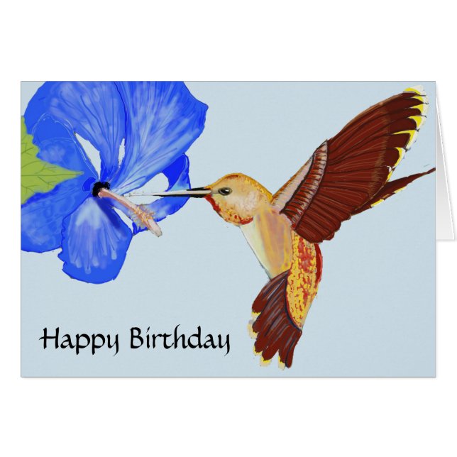 Hummingbird och Blue Hibiscus Birthday Hälsningskort (Framsidan Horizontal)