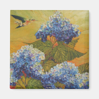 Hummingbird och Blue Hydrangea Magnet