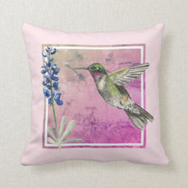 Hummingbird och Bluebonnet på Rosa Background Kudde