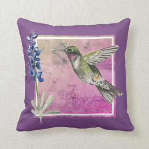 Hummingbird och Bluebonnet på Rosa Background Kudde