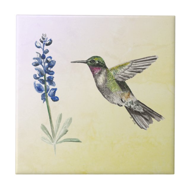 Hummingbird och Bluebonnet på Rosa och Gult Kakelplatta (Framsidan)