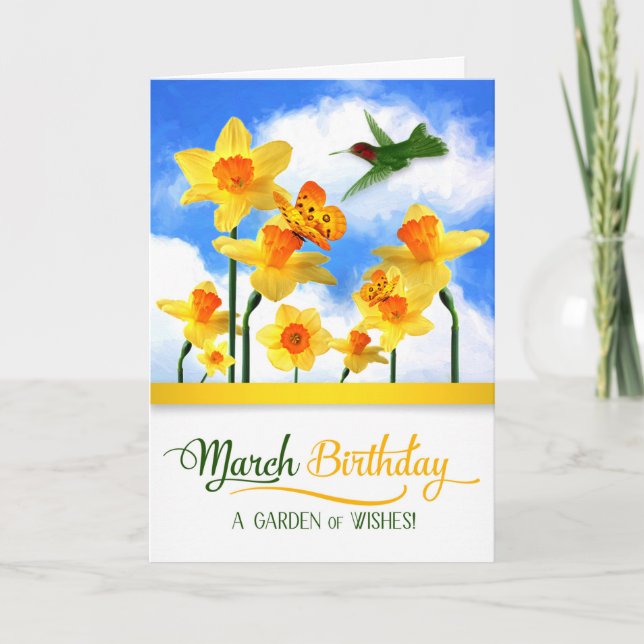Hummingbird och Daffodils från mars födelsedagskor Kort (Framsida)