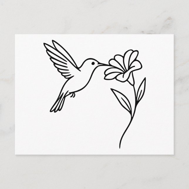 Hummingbird och Flower - minimalistisk svart konst Vykort (Framsida)
