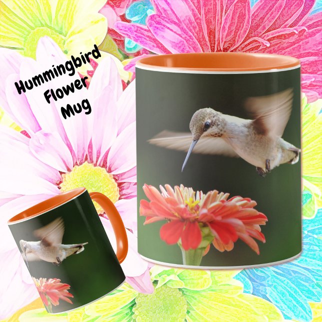 Hummingbird och Flower Söt Mugg Kopp (Pretty Hummingbird hovering over a Zinnia flower, pretty mug.)