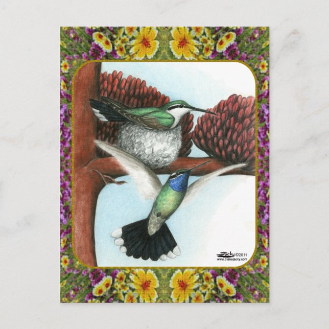 Hummingbird och Flowers #3 Vykort (Framsida)