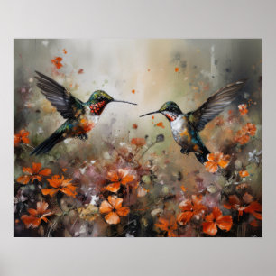 Hummingbird och Flowers Bird Art Print Poster
