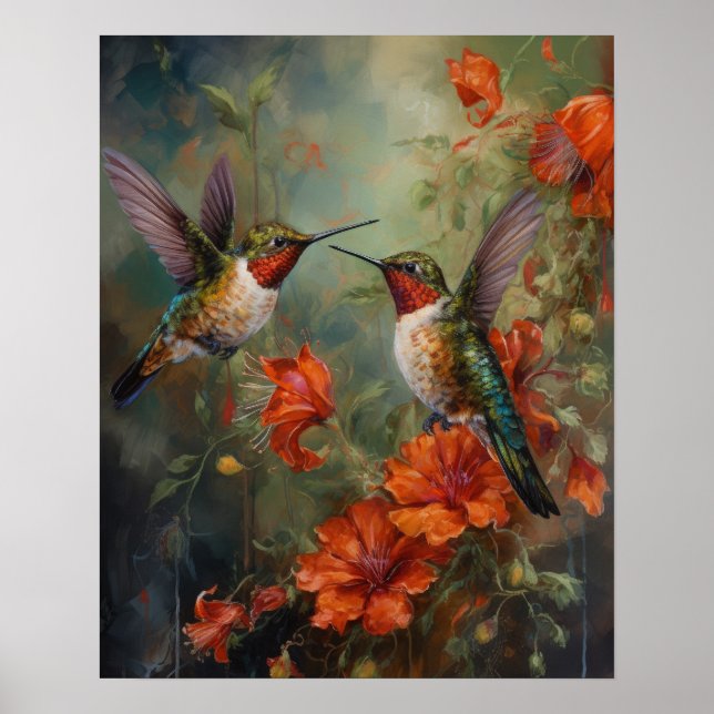 Hummingbird och Flowers Bird Art Print Poster (Framsidan)