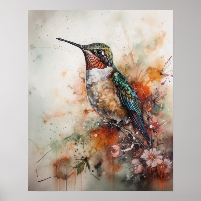 Hummingbird och Flowers Bird Art Print Poster (Framsidan)