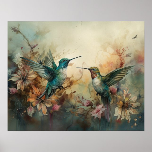 Hummingbird och Flowers Bird Art Print Poster (Framsidan)