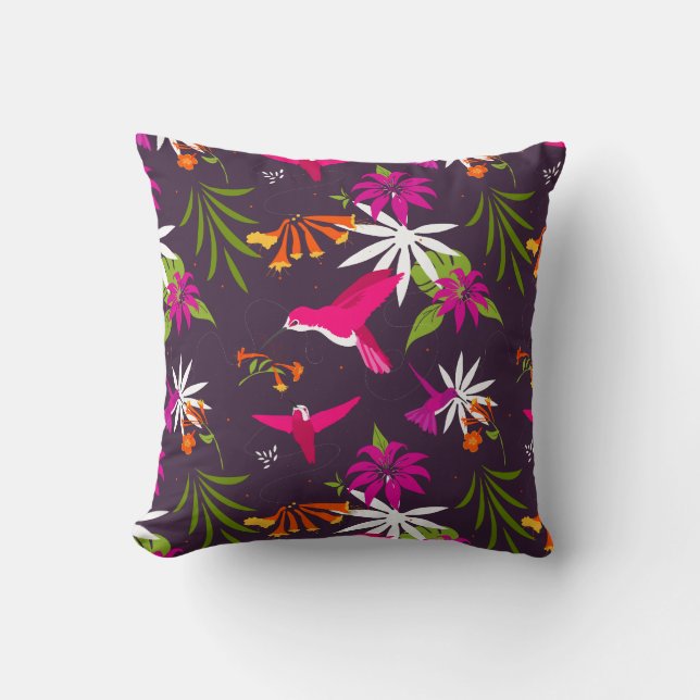 Hummingbird och Flowers Colorful Botanical Kudde (Framsida)