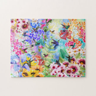 Hummingbird och Flowers Pussel