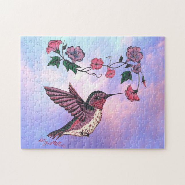 Hummingbird och Flowers Pussel (Horisontell)