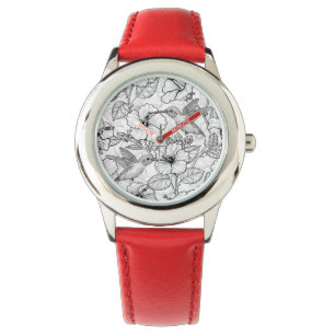 Hummingbird och hibiscus blommor b&w armbandsur