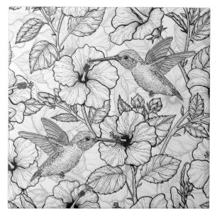 Hummingbird och hibiscus blommor b&w kakelplatta