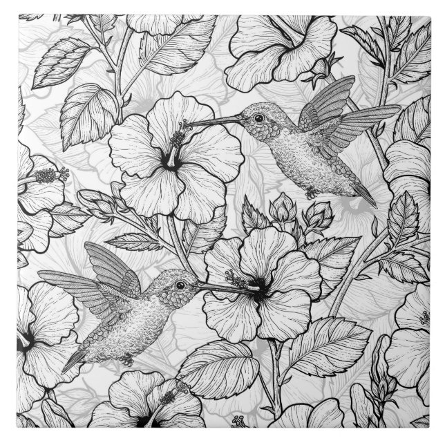 Hummingbird och hibiscus blommor b&w kakelplatta (Framsidan)
