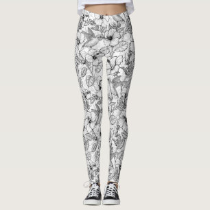 Hummingbird och hibiscus blommor b&w leggings