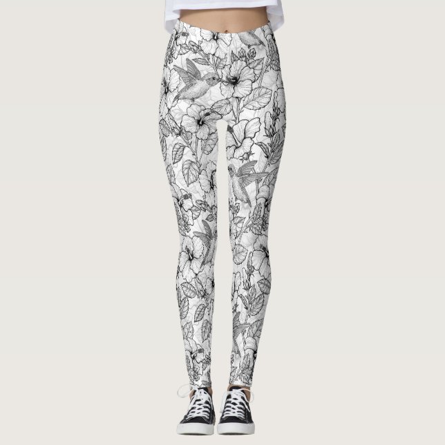 Hummingbird och hibiscus blommor b&w leggings (Framsida)