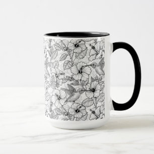 Hummingbird och hibiscus blommor b&w mugg