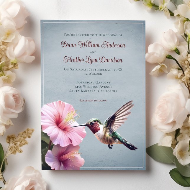Hummingbird och Hibiscus Bröllop | Blå Inbjudningar (Blue Hummingbird and Hibiscus Wedding Invitation)