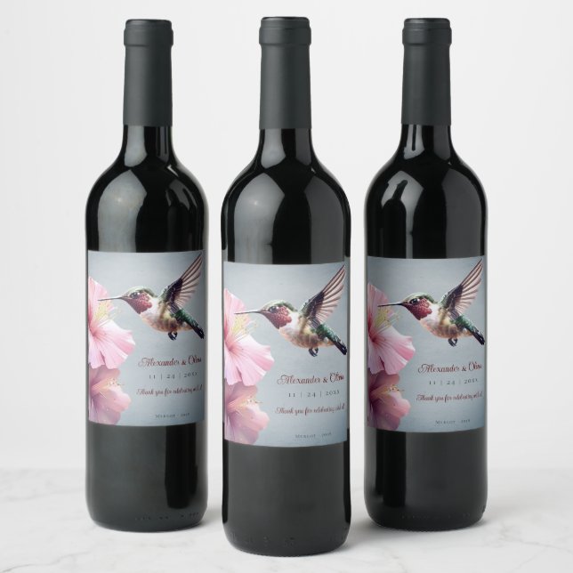 Hummingbird och Hibiscus Bröllop | Blå Vinflaska Etikett (Flaskor)