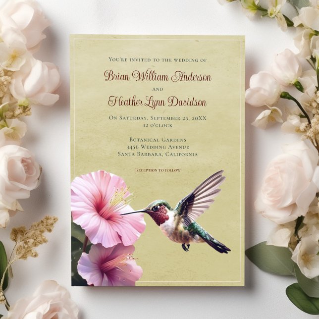 Hummingbird och Hibiscus Bröllop | Gult Inbjudningar (Yellow Hummingbird and Hibiscus Wedding Invitation)