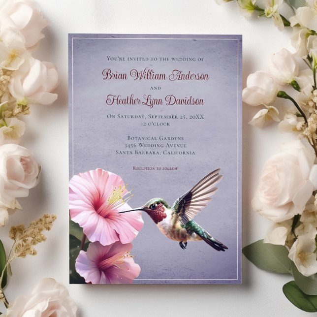 Hummingbird och Hibiscus Bröllop | Lila Inbjudningar (Purple Hummingbird and Hibiscus Wedding Invitation)