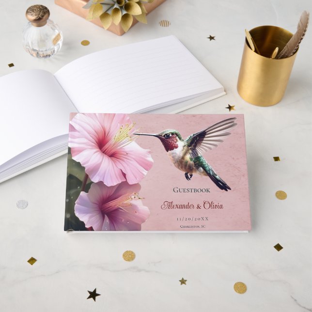 Hummingbird och Hibiscus Bröllop | Rosa Gästböcker (Framsida öppen)
