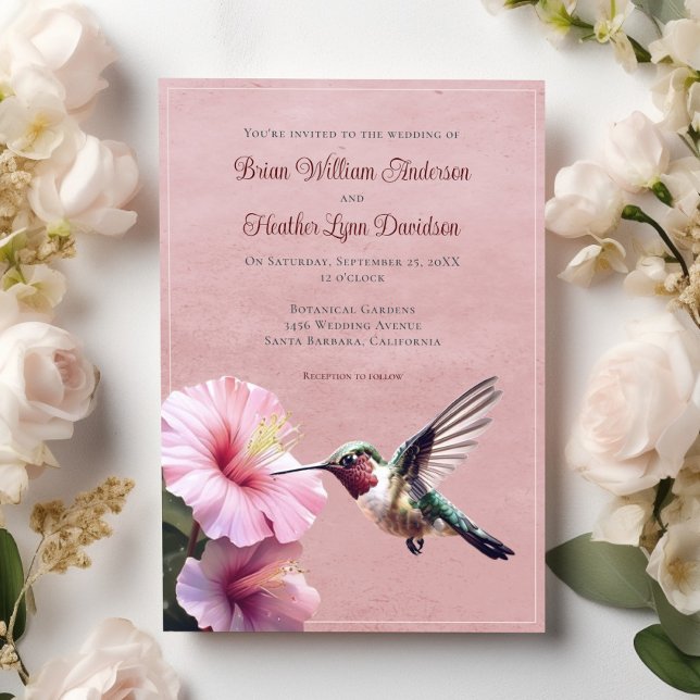 Hummingbird och Hibiscus Bröllop | Rosa Inbjudningar (Pink Hummingbird and Hibiscus Wedding Invitation)