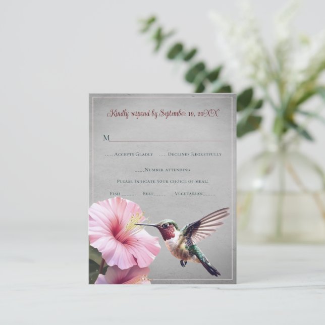 Hummingbird och Hibiscus | GRÅTT BRÖLLOP OSA Kort (Stående Fram)