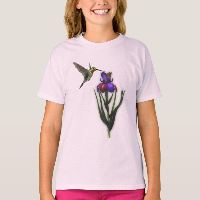 Hummingbird och iris-blomma t-shirt (Framsida)