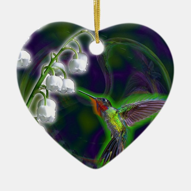 Hummingbird- och liljekonvaljblommor julgransprydnad keramik (Framsidan)