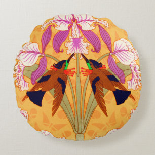 Hummingbird och orchid-blomma från art nouveau rund kudde