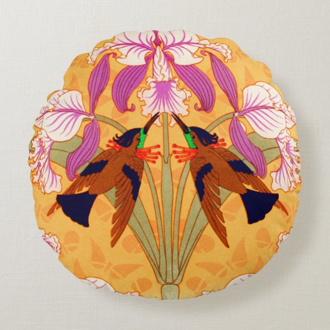 Hummingbird och orchid-blomma från art nouveau rund kudde (Framsidan)