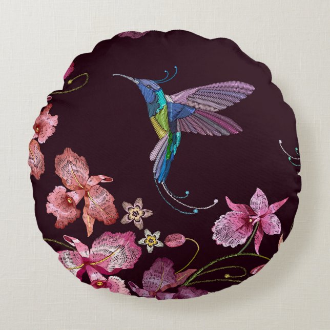 Hummingbird och orkeid, tropiska, sömlösa mode. rund kudde (Framsidan)